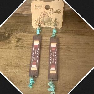 NEW Justin Genuine Leather Turquoise & Brown Southwest Dangle Earrings